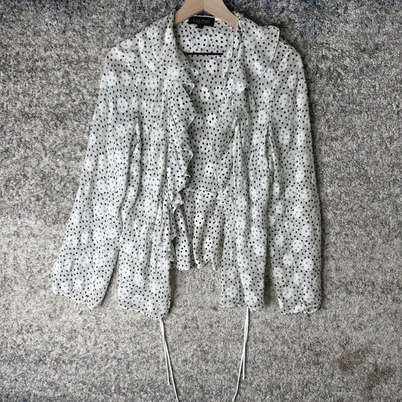 Saloni Blouse Womens 8 White Black Polka Dot Silk Blend Ruffle Sheer Long Sleeve - Picture 1 of 6